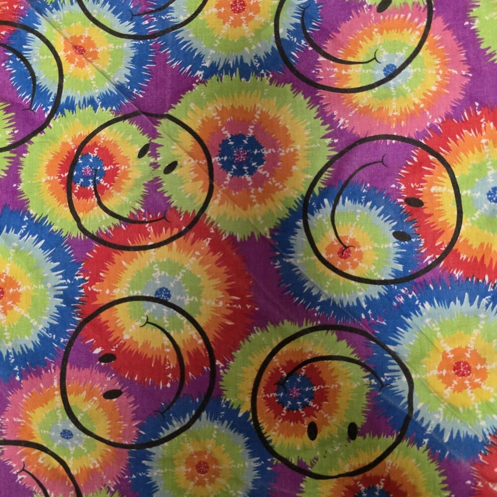 Tie Dye Smiley Face Happy Fabric 16" x 16" 23" Diagonal Bandana